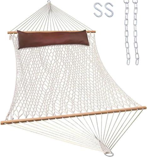 Lazy Daze Hammocks 12FT Double Rope Hammocks, 2 Person Hand Woven Cotton Hammock with Pillow and Spreader Bar for Outside, Patio, Poolside, FIT 13-15 Ft Stand, Max 450 Lbs, Natural, 141 x 57 inches