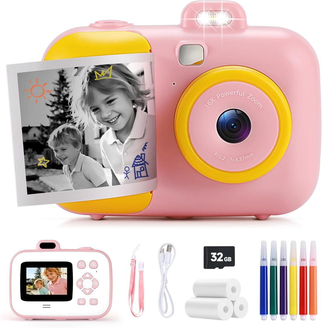 Instant Camera for Kids with Print Paper, 1080P HD Kids Camera Instant Print with 32GB SD Card, Girls Toys for Ages 5-7, Birthday Gifts for 5 6 7 8 9 Year Old Girls