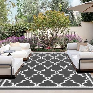 OutdoorLines Outdoor Reversible Rugs for Patio 9x12 ft - Outside Plastic Carpet, Stain & UV Resistant Portable RV Mat, Straw Rug for Camping, Backyard, Deck, Picnic, Porch Moroccan Gray & White