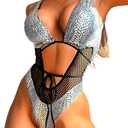 Sexy One Piece Swimsuits, High Cut Backless, Plunge Rave Outfits (6-8, Metallic Silver) M