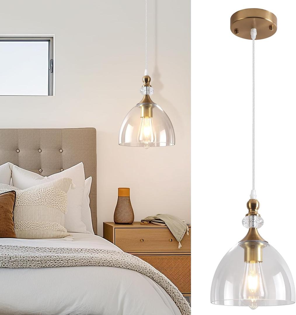 Pendant Lighting for Dining Room, Brushed Gold Pendant Light Kitchen Island, Modern Pendant Lighting with Glass Shade for Living Room, Foyer, Bedroom, Hallway, Gold/Clear