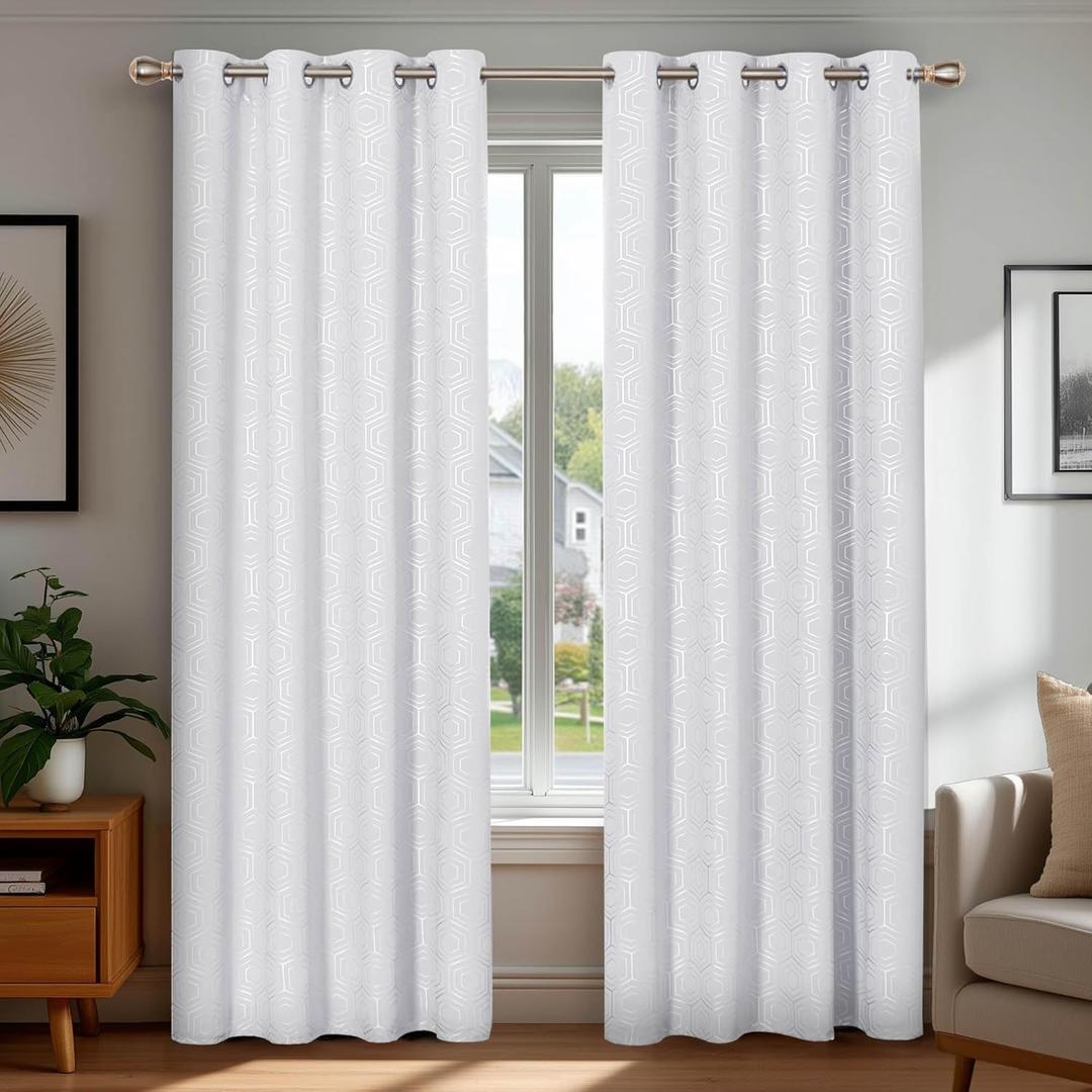 Deconovo Blackout Curtains, Foil Print Hexagon Geometrical Pattern Drapes, Grommet Curtain Panels for Bedroom(52W x 63L Inch, Greyish White, 2 Panels)