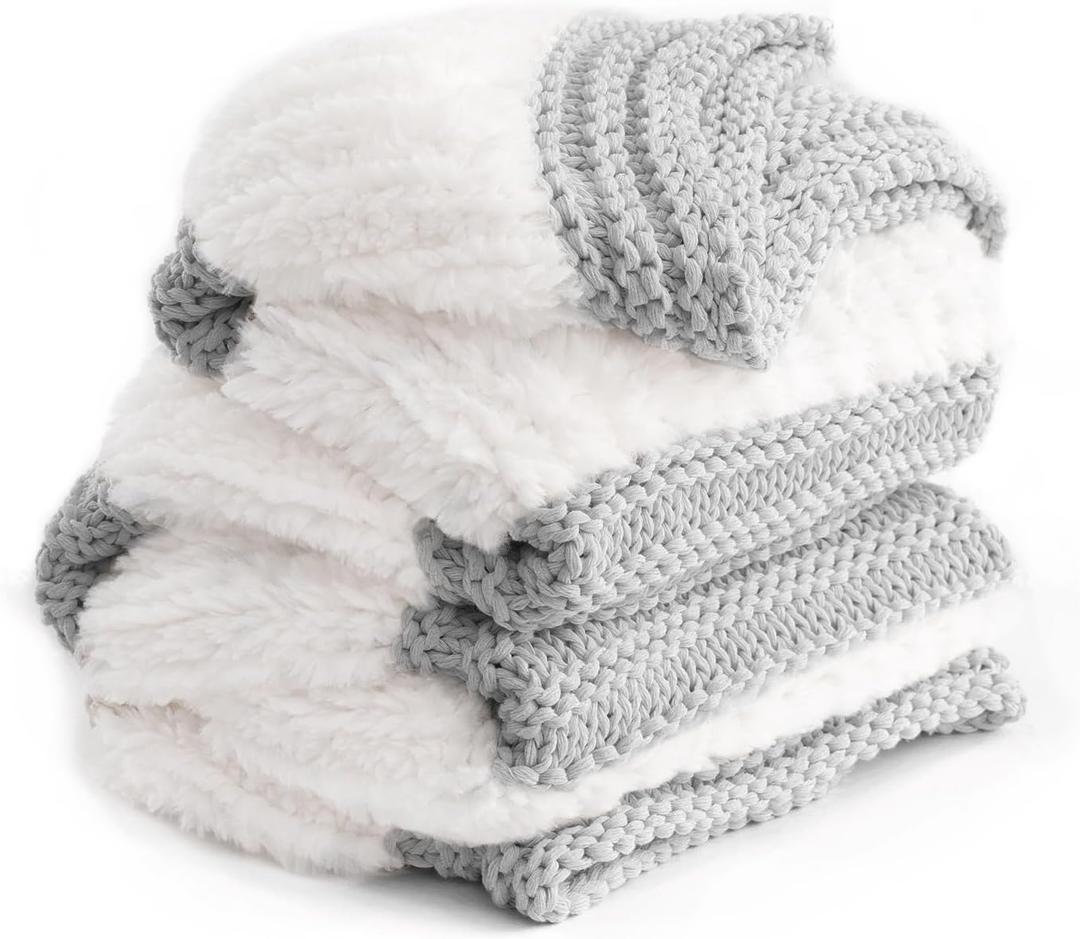 YnM Ultra Soft Fuzzy Throw Blanket, Hand Knit with Faux Rabbit Fur and Cotton Chunky Yarn, Reversible Thick Fluffy Throws, Home Dcor Piece for Couch, Sofa & Bed, Light Grey 60x80 Inch