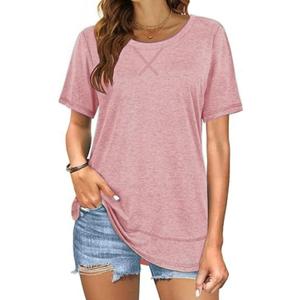 Beimuc Summer Tops for Women Short Sleeve Crewneck Tshirts Side Split Loose Fit Tunic Pink (XL)