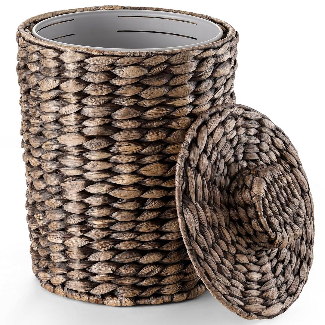 2 Gallons Wicker Waste Basket - Water Hyacinth Bathroom Trash Can - Garbage Can with Lid Boho Style - Wicker Trash Can with Lid for Bedroom, Kitchen - Removable Liner, Handwoven (Black Color)