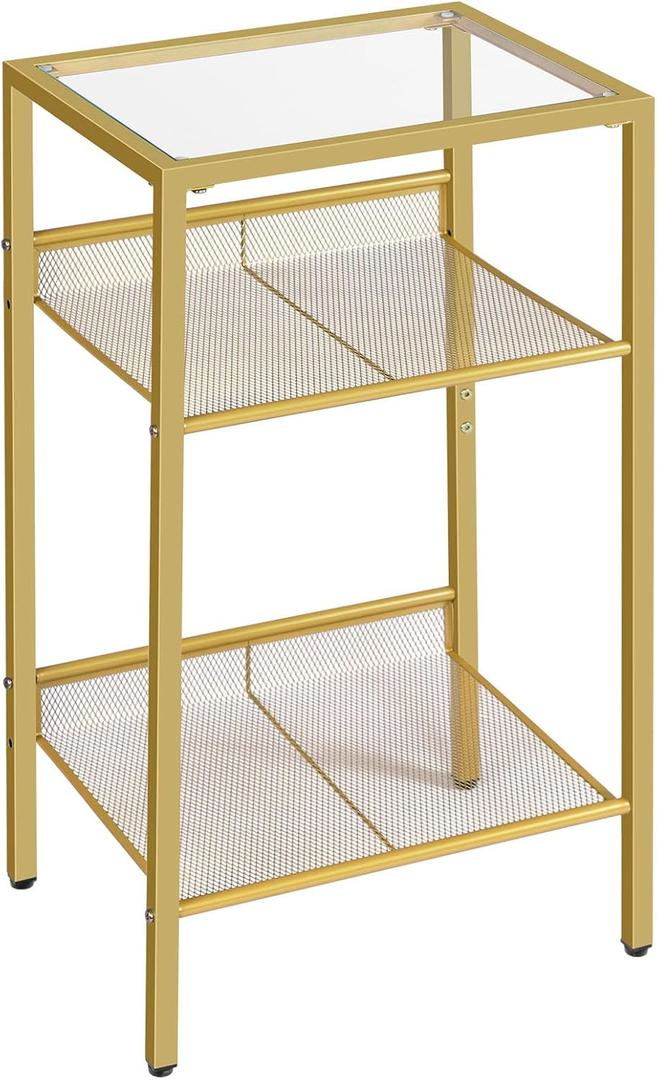 HOOBRO Gold Side Table, Tall Telephone End Table with Mesh Shelves, 3-Tier Nightstand with Tempered Glass Top, for Living Room, Bedroom, Gold GD04DH01