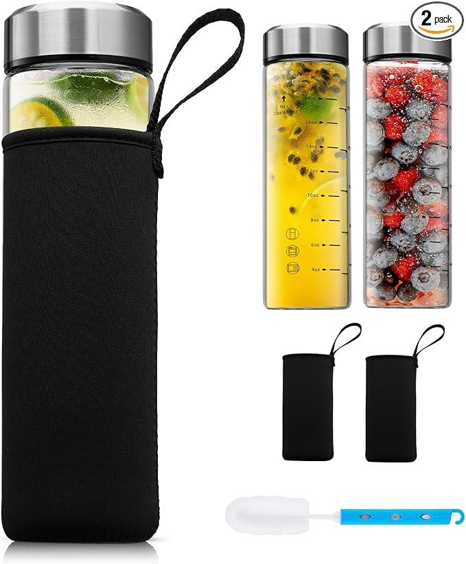 SIEROZUR Glass Juice Bottles 20 oz-2Pack Leak Proof Wide Mouth Water Bottle with Stainless Steel Lid & Sleeve - for Juicing, Smoothies, Infused Water, Beverage Storage, Eco-Friendly Borosilicate