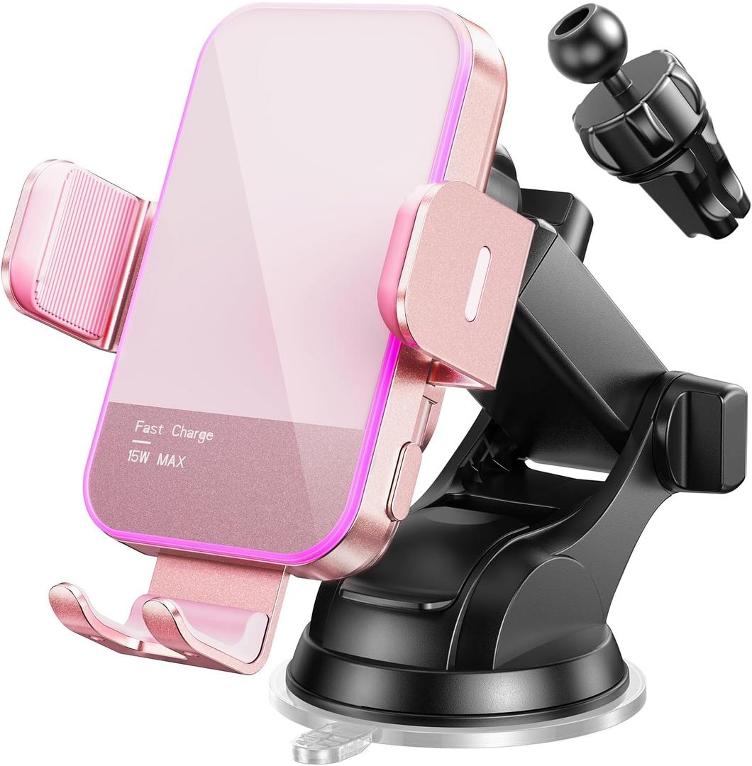 Wireless Car Charger,7 Colored LED Backlit 15W Auto Clamping Car Charger Phone Mount Holder fit for iPhone 14 13 12 Mini Pro Max 11 XR XS, Samsung Galaxy S23 Ultra S22 S21+ S10+ Note 20, etc - Pink