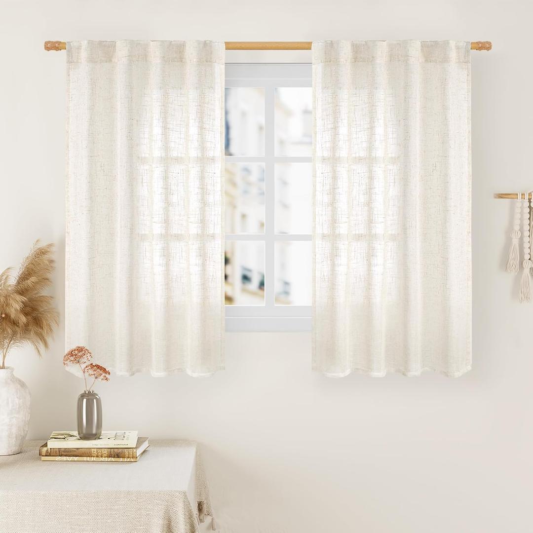 LAMIT 54 Inch Semi Sheer Window Linen Curtains, Light Filtering Panels Back Tab and Rod Pocket Neutral Drapes for Bedroom/Living Room, Cream, 2 Panels, 34 x 54 Inch