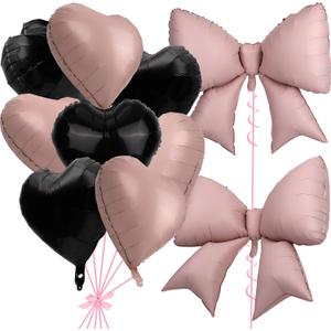 10pcs Pink Black Bow & Heart Balloons, Pink and Black Heart Shaped Bow Balloons Coquette Bridal Birthday Party Valentines Decor Decorations Supplies