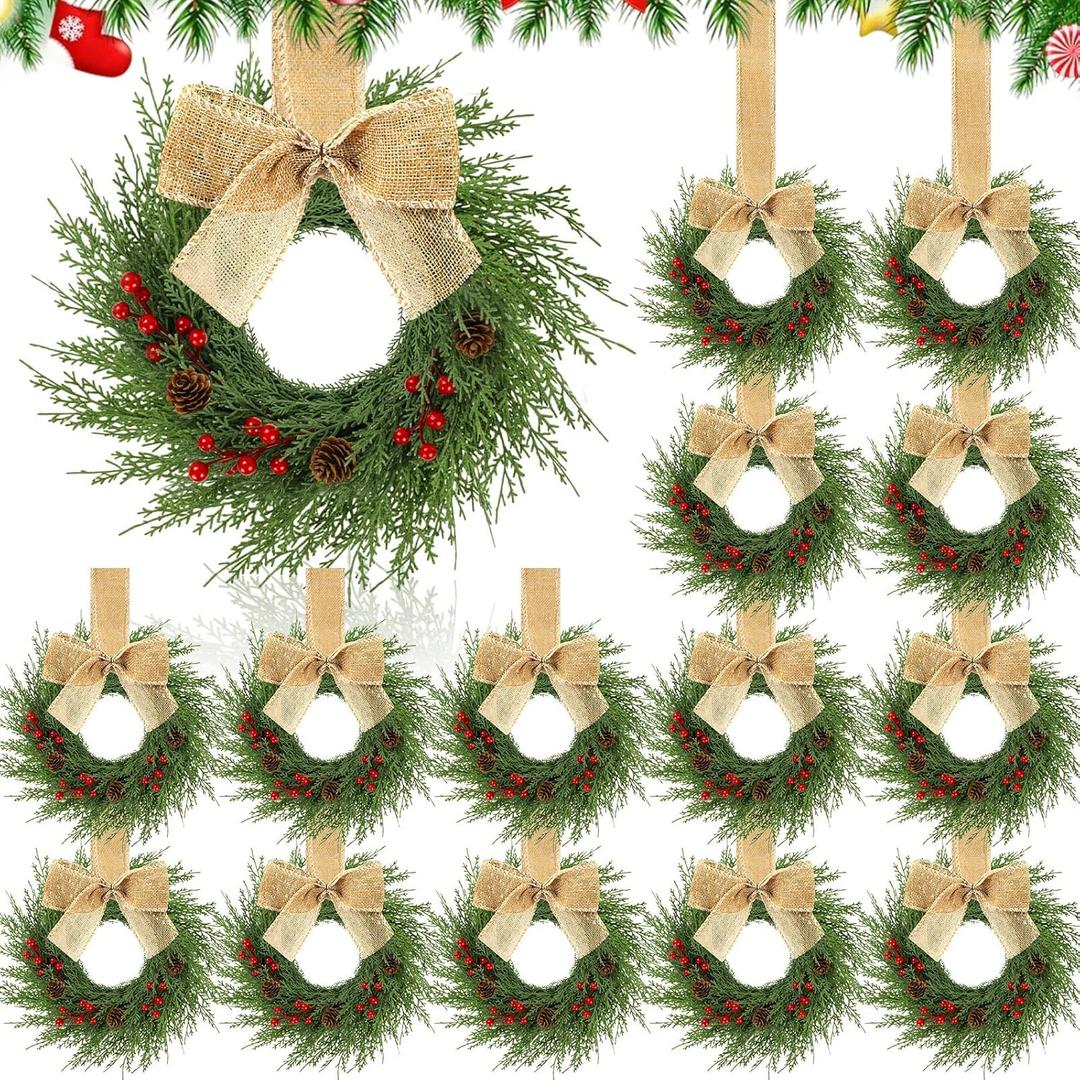 20 Pcs 9'' Small Christmas Kitchen Cabinet Wreaths with Plaid Bow Ribbon Mini Hanging Christmas Wreath Artificial Greenery Wreath for Cabinet Front Porch Wall (Linen Color)