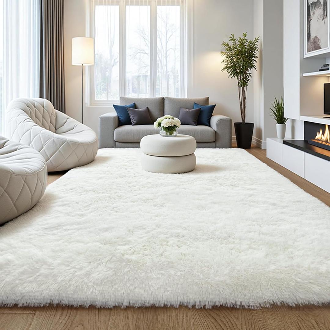 Fluffy 9x12 Large Area Rugs for Bedroom Living Room, Cream White Soft Washable Shag Carpet for Kids Room, Nursery, Dorm Decor, Colorful Cute Plush Fuzzy Rugs for Baby Toddler