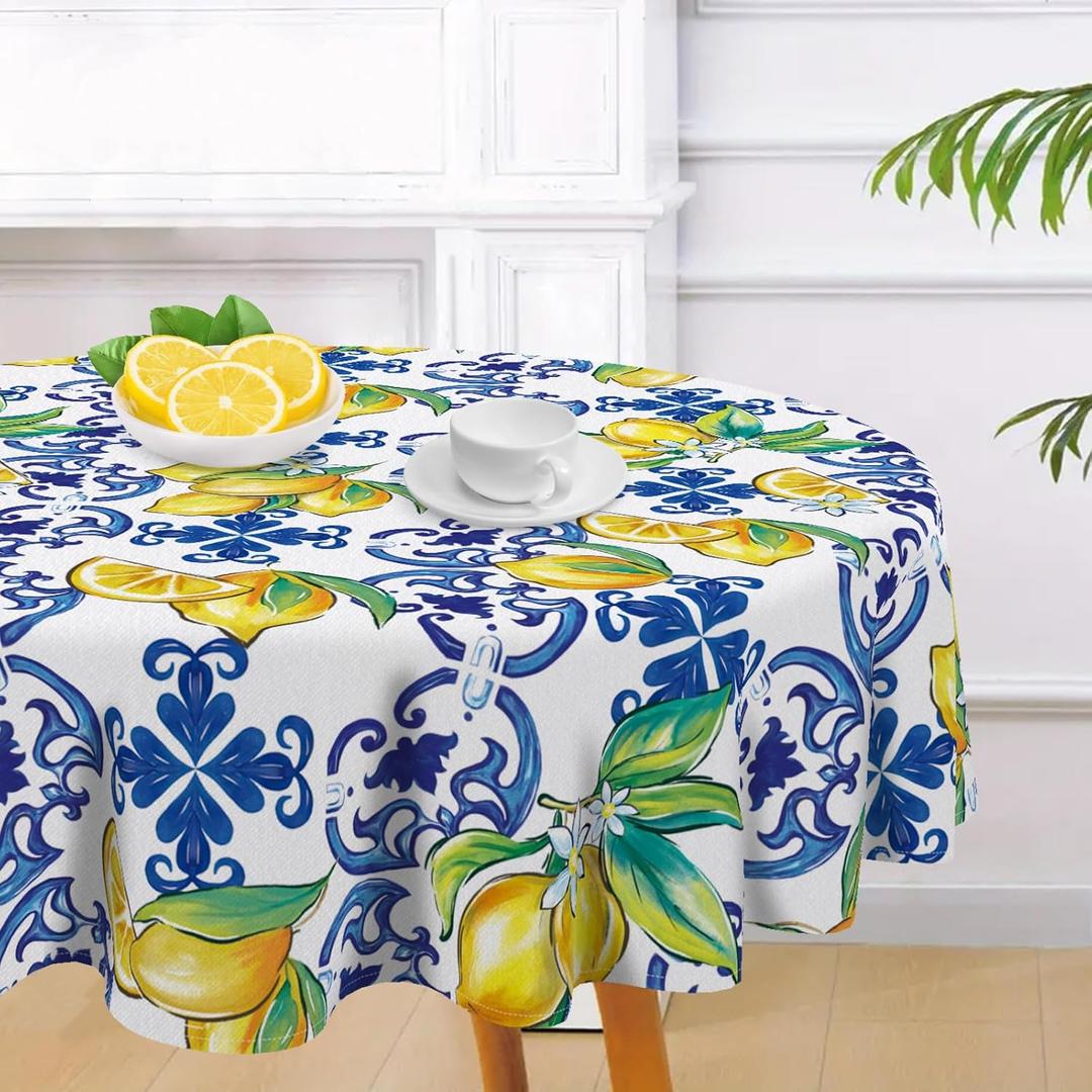 Blue Lemon Italy Tile Pattern Round Tablecloth 60 x 60 Inches, Amalfi Coast Capri Citrus Decorative Dining Table Cloth, Summer Mediterranean Dinner Table Cover Picnic Party Decoration