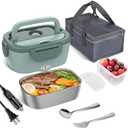 Vabaso Electric Lunch Box for Adults, 80W Heated Lunch Box Portable Food Warmer Lunch Box for Work/Men/Car/Truck with 1.5L 304 Stainless Steel Container Fork & Spoon, 110V/12V/24V, Light Green