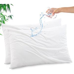 Gogreen Bamboo Rayon Waterproof Pillow Protector, Breathable Pillow Cover, Cooling Pillow Case Protector with Zipper, Super Soft Pillow Case Cover with Zipper (2 Packs, Queen 20"x30", White)
