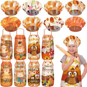 Newcotte 16 Pcs Kids Thanksgiving Apron and Chef Hat Set Happy Fall Adjustable Children Turkey Cute Child Chef Apron and Hat Boys Girls Kitchen Bib Aprons Gift for Girl Boy Cooking Baking Painting