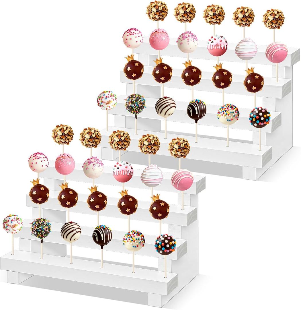 Ameuphercy 2 Pack Wood Cake Pop Stand, 4 Tier Rustic White Lollipop Holder Stand, 44 Holes Cake Candy Dessert Table Display For Wedding, Baby Showers, Birthday, Halloween, Christmas Party