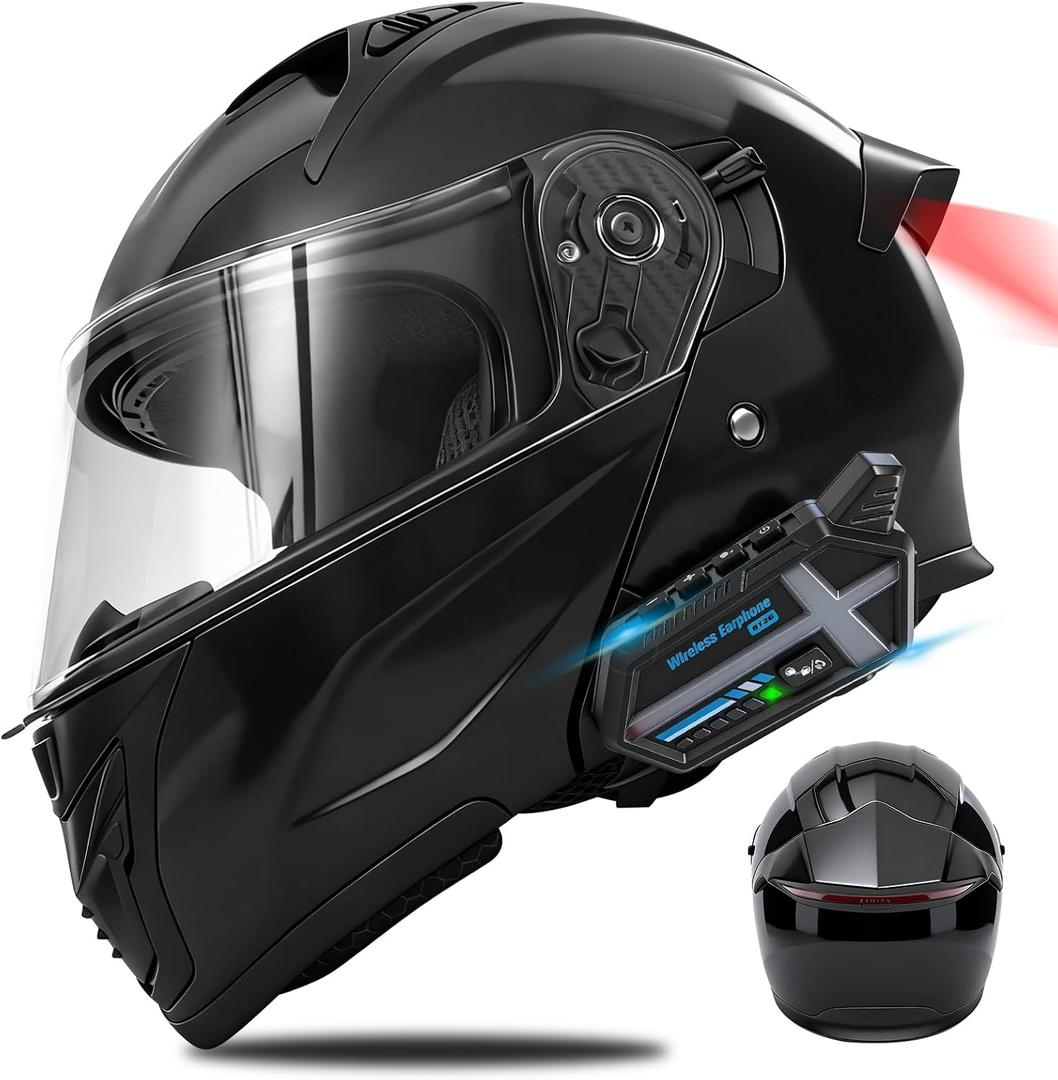 Bluetooth Modular Motorcycle Helmets with Tail Lights, DOT Approved Flip Up Full Face Motorcycle Dual Visor Helmet, with Dual Speakers and Microphone, for Adults Men and Women (Glossy Black, XL)