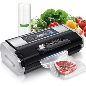95KPa Automatic Vacuum Sealer Machine - 10-in-1 System with Double Heat Seal Technology, Easy-Lock Handle & Built-in Cutter, Includes Vacuum Roll + 15 Bags (Black）