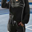 Fisoew Womens Sweatsuits 2 Piece Outfits V Neck Fleece Sweatshirts Contrast High Waisted Shorts Casual Tracksuits Lounge Sets (Black)