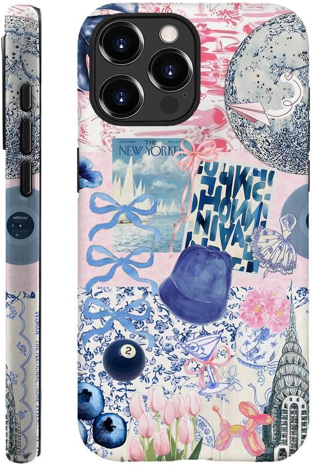 Case Compatible with iPhone 15 Pro,Fall Prevention Hybrid 2-Layer Hard Shell Phone Cover for Girls Boys,Blue Ball Collage