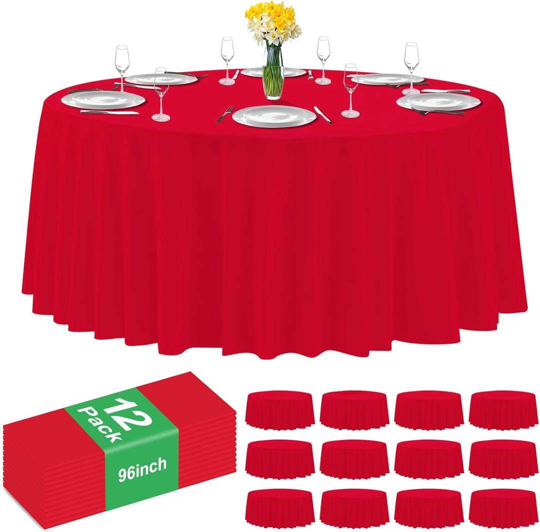 12 Pack Premium Red Plastic Table Cloth, 96 Inch Round Tablecloth, Disposable Tablecloth Plastic Table Cover for Parties, Red