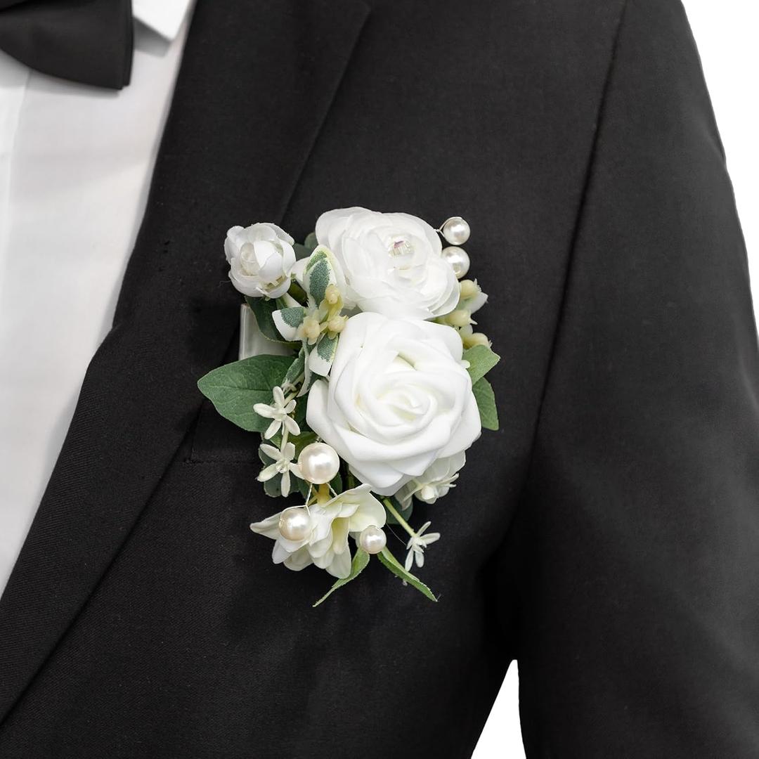 Ling's Moment Pocket Boutonniere Single, Boutonniere for Men Groom for Wedding, Prom, Homecoming, Anniversary, Graduation, etc.White Ranunculus Ivory (6" W x 5" H)