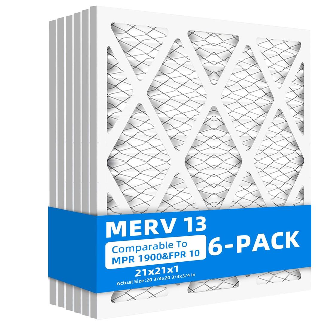 Chenzhit (6 Pack) 21x21x1 Air Filter, MPR 1900 & FPR 10, MERV 13 Pleated Air Filter (Actual Size: 20.75x20.75x0.75 inch)