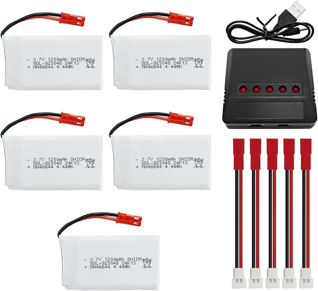 5PCS 3.7V 1200mAh 30C Lipo Battery with 1PCS 5-in-1 Charger JST Plug for MJX T04 T05 T25 V2400HD V2450FPV V2450GPS X900 X9TW RC Quadcopter Battery