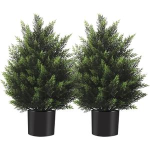2FT Artificial Cedar Topiary Tree Lifelike Faux Cedar Pines Christmas Trees UV Rated Faux Shrubs Everygreen Plants for Front Porch Outdoor Decor Set of 2