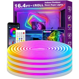 16.4Ft Neon Rope Lights, Flexible Led Rope Lights Control with App/Remote, Multiple Modes Rope Light,IP65 Outdoor RGB Led Neon Lights Waterproof, Music Sync Gaming Led Neon Light Strip for Bedroom Decor