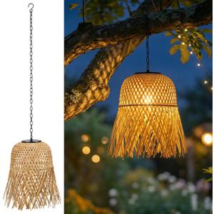 shumi Solar Lanterns Outdoor Waterproof, Bamboo Solar Chandelier for Outside, Hanging Lanterns Decorative Outdoor with Metal Hook and Chain Decoration for Garden,Yard,Porch,Gazebo
