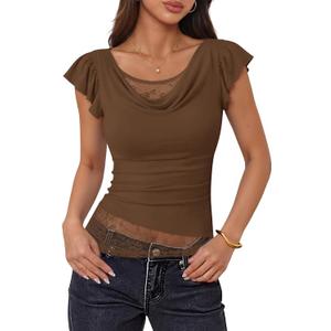 ZESICA Women's Summer Going Out Tops Ruffle Short Sleeve Cowl Neck Shirts | Casual Lace Trim Ruched Slim Fit Tee Shirt, Boho Daily Date Night Vacation Y2K Blouses, Fashion Trendy Outfits Clothes (Brown, S)