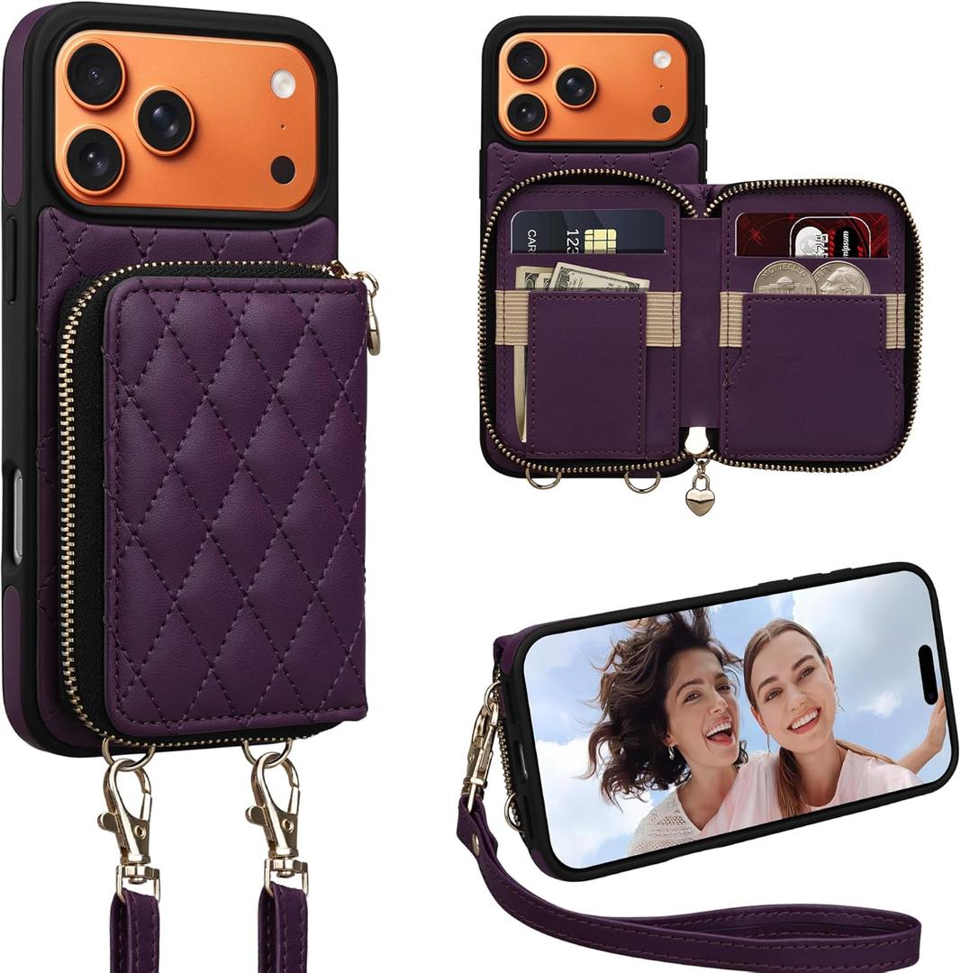 Keallce Case for iPhone 17 Pro Max 6.9'' Wallet Case, Crossbody Zipper Purse with Wrist Strap Lanyard Handbag, RFID Blocking Card Holders, Flip Leather Cover for iPhone 17 Pro Max, Darkpurple