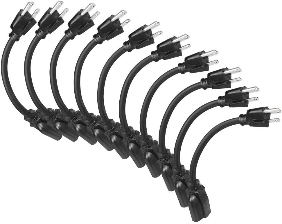 DEWENWILS 10 Pack Short Extension Cord, 1 Foot Power Cord, 16 AWG SJTW Weatherproof Extension Cable for Indoor Outdoor Use, 3 Prong Grounded Outlets Plugs, NEMA 5-15P to NEMA 5-15R, Black, UL Listed
