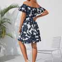 Off Shoulder Ruffle Dress for Women, A-Line Mini Dress with Belt, Fitted Bust Summer Wedding Guest Dress (Blue, S)