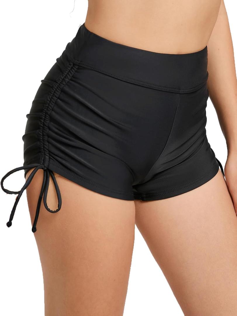 Womens Swim Shorts High Waisted Tie Board Shorts Bathing Suit Bottoms Tummy Control Swimsuit with Liner (Black, S)