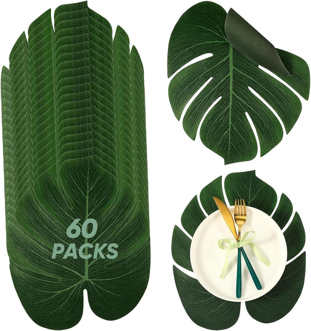 XunYee 60 Pcs Large Tropical Palm Leaf Placemat 14 Inch Fake Artificial Monstera Green Palm Leaves for Hawaiian Luau Table Summer Wedding Safari Jungle Party Centerpieces (Silk)