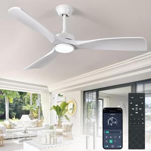 White Ceiling Fan with Light: 52-Inch Ceiling Fan 3 Blades Low Profile Outdoor - Modern Ceiling Fans with Remote APP Control Quiet Reversible DC Motor for Patio Living Room
