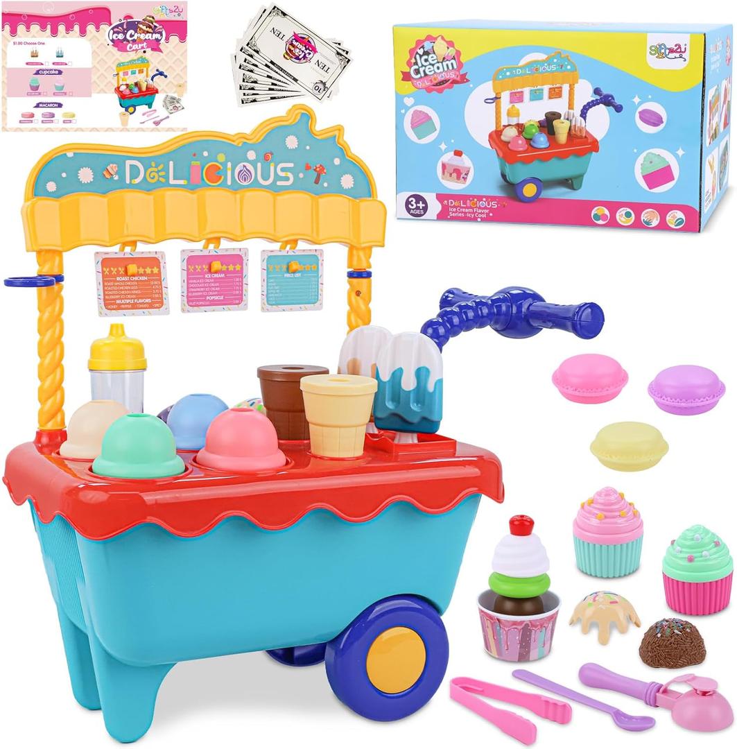 Gifts2U Ice Cream Cart Toys for Kids,45 Pcs Ice Cream Play Set,Pretend Play Store with Storage Trolley,Food Toys,Play Ice Cream Shop Toy,Gift for Boys Girls 3 4 5 6 Years Old