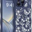 GVIEWIN for iPhone 15 Pro Case Compatible with MagSafe [Curly Wave Edge][Full Camera Protection] Floral Translucent Shockproof Magnetic Women Phone Case for iPhone 15 Pro 6.1'', Tuberose/Blue