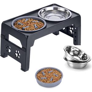 Elevated Dog Bowls - Raised Stand With 2 Stainless Steel and 1 Slow Feeder Bowl, Adjustable 5 Heights for Medium Large Dogs, Non-Slip, Black