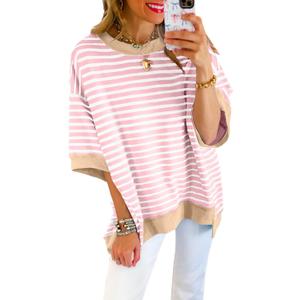 SHEWIN Womens Tops Casual Short Sleeve Sweatshirt Crewneck Striped Shirt Pullover T Shirts Loose Blouses (Pink, M)