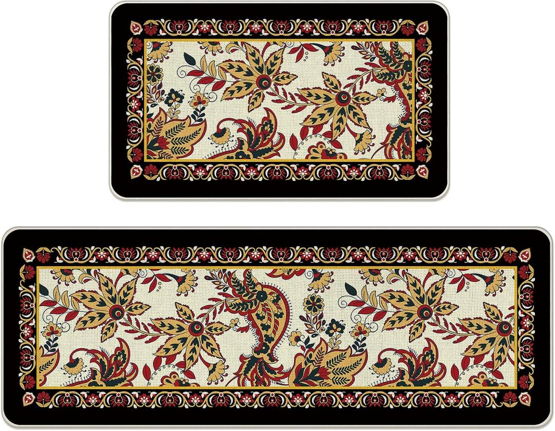 Vintage Floral Kitchen Rugs Set of 2 | Traditional Ethnic Paisley Flowers Floor Mats Home Decor, Retro Ornate Door Mat Decorations - 17x29 and 17x47 Inches