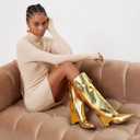 NEWBELLA Women's Knee High Boots - Shiny Faux Leather Slim Fit Trouser Boots, Fashionable Pointed Toe Block Heel Boots for Outfits, Gold 8
