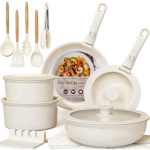 Astercook 21 Pcs Pots and Pans Set Non Stick, Ceramic Cookware Set Detachable Handle, RV Kitchen Cooking Set Removable Handles, Oven Safe, Induction Ready, Stackable, Cream White, Mothers Day Gifts