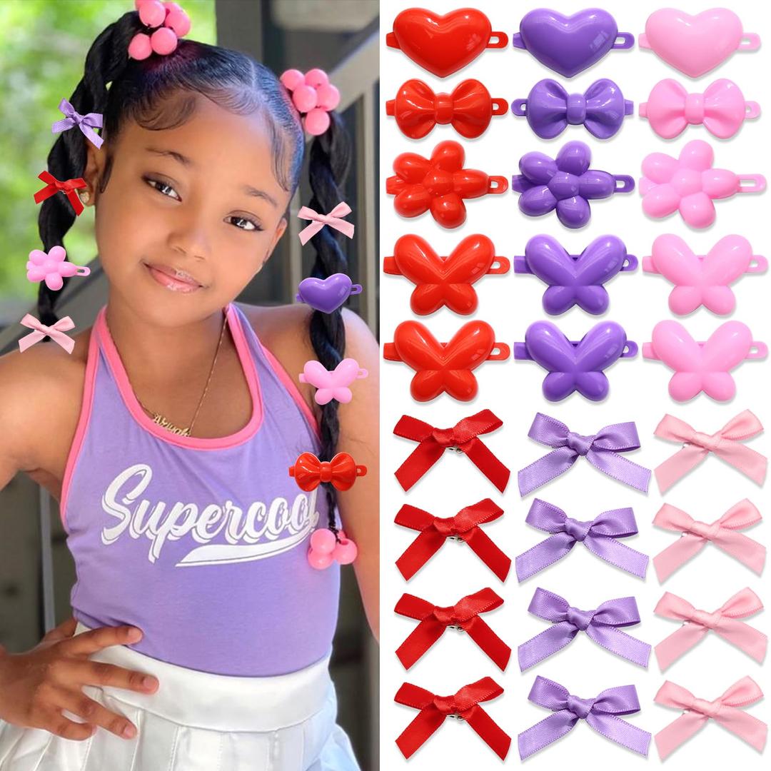 NAISKA 36Pcs Purple Bows Hair Clips Flower Hair Barretts Acrylic Hair Pins Silk Satin Hair Ribbons Ponytail Holder Accessories for Girls