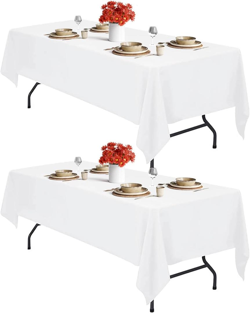 IVAPUPU 2PCS White Table Cloth for Rectangle Table - 60 x 102 Inch Tablecloths Rectangular Cloths Waterproof Washable Wrinkle Resistant for 6 FT Tables Wedding Cocktail Party