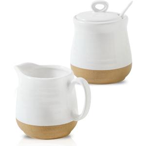 Ceramic Sugar and Creamer Container Set of 3,10 Ounce Cream Pitcher,11 Ounce Sugar Bowl with Lid and Spoon,Farmhouse Coffee Bar Accessories Set for Serving,Microwave & Dishwasher Safe,White