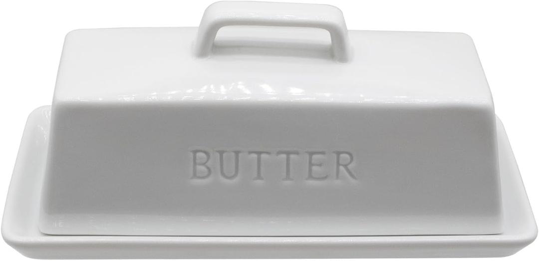 Ceramic Butter Dish With Lid for Countertop, Covered Butter Holder With Lid, White Butter Container, Butter Tray With Handle